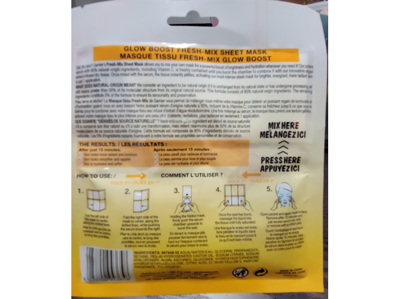 Garnier SkinActive Glow Boost Fresh-Mix Sheet Mask, Vitamin C, 1 count