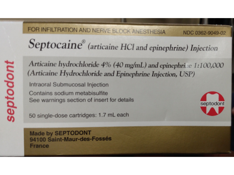 Septocaine (articaine HCL 4% and epineprine 1:100,000) Injection, 1.7 mL Septodont