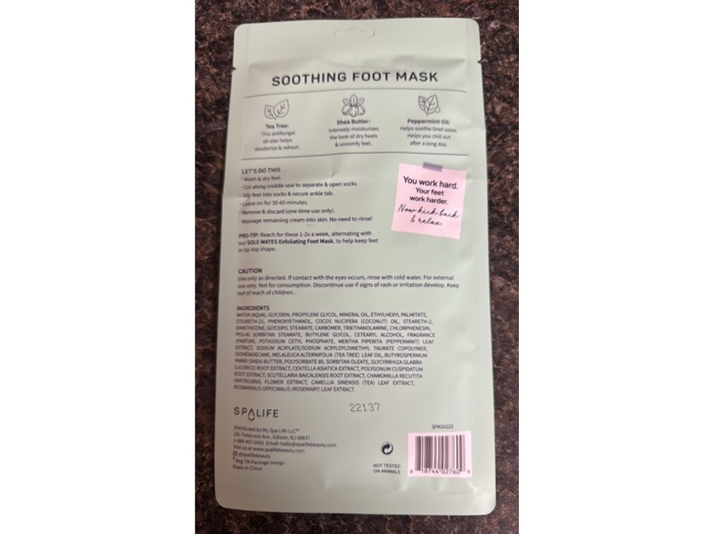 SpaLife Comfort Zone Soothing Foot Mask, Shea Butter + Tea Tree & Peppermint, 1.13 oz/32 g, 1 Pair
