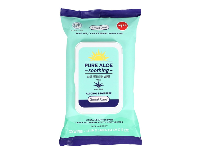 Smart Care Pure Aloe Soothing After Sun Wipes, Aloe Vera, 30 Count