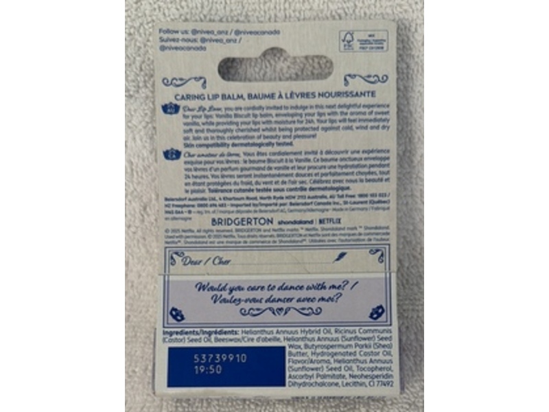 Nivea Bridgerton Caring Lip Balm, Vanilla Biscuit, 4.8 g