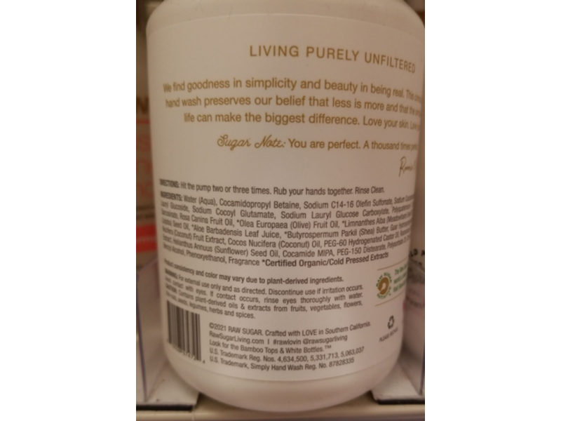 Raw Sugar SImply Hand Wash, Beach Rose + Coconut Milk + Shea, 16.9 fl oz/500 mL