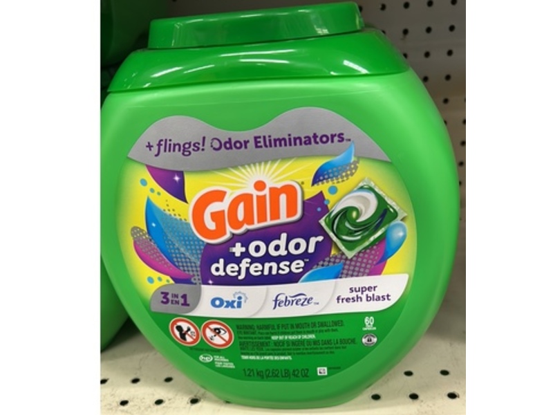Gain +Odor Defense 3-In-1 Laundry Detergent Pacs, Super Fresh Blast, 60 Loads, 42 oz/1.21 kg