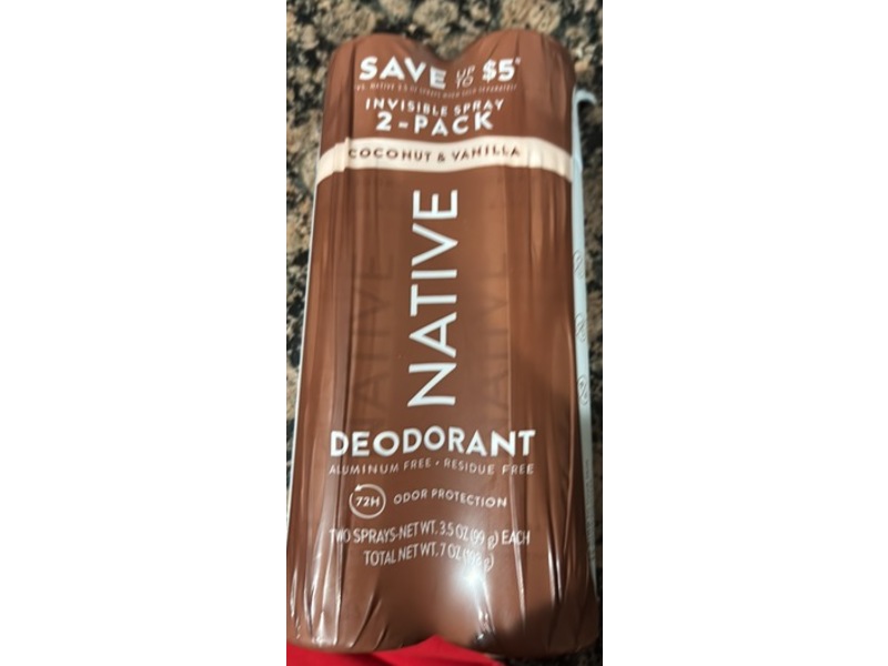 Native Deodorant Spray, Coconut & Vanilla, 3.5 oz/99 g, Pack Of 2