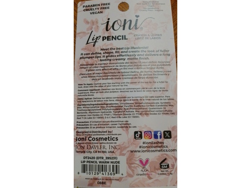 Ioni Lip Pencil, Warm Nude, 0.049 oz/1.4 g