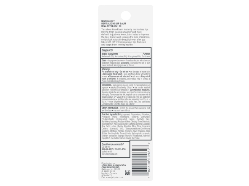 Neutrogena Revitalizing Lip Balm., Blush 20, SPF 20, 0.15 oz/4.2 g