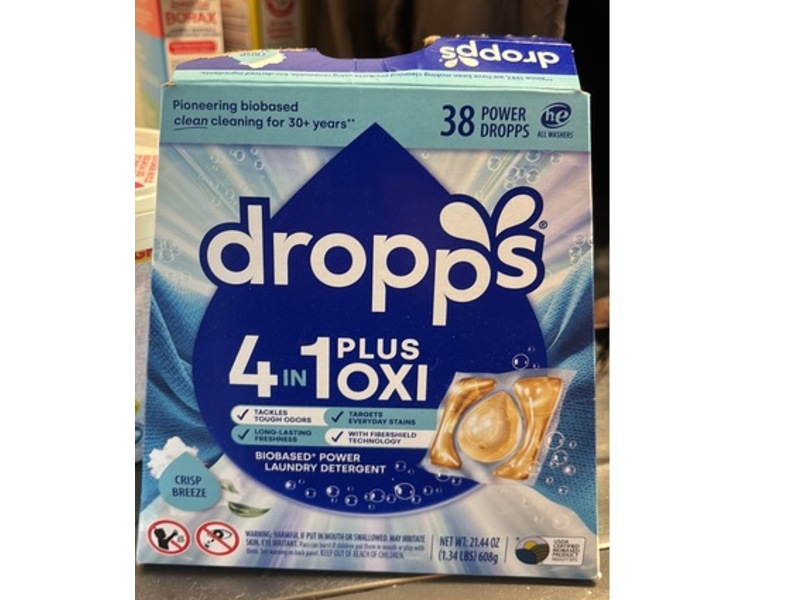Dropps 4-In-1 Plus Oxi Biobased Power Laundry Detergent, Crisp Breeze, 21.44 oz/608 g, 38 Count