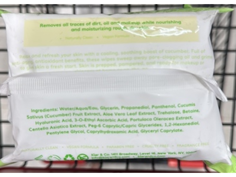 Klar & Co Cleansing Wipes, Cucumber, 30 Count