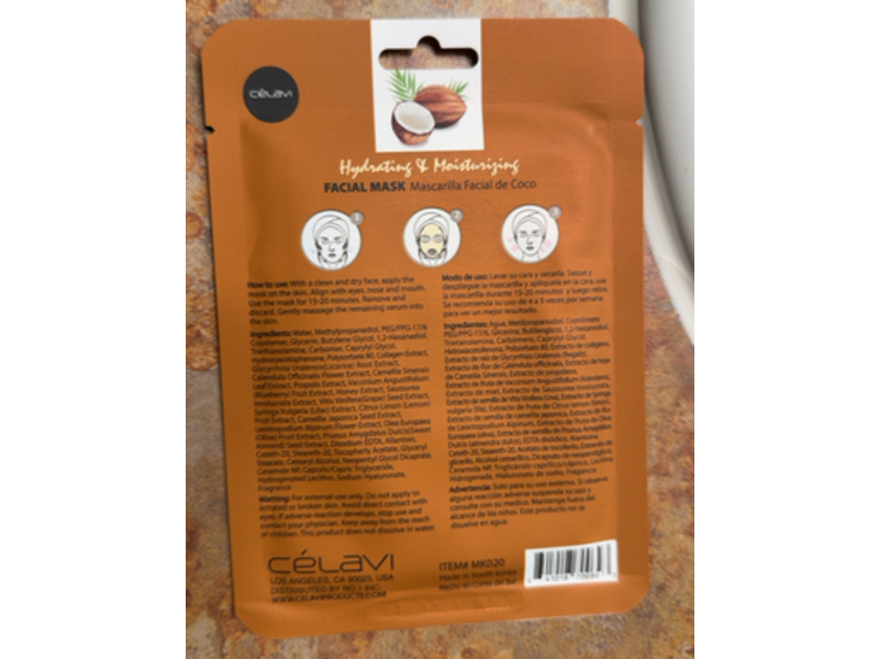 Celavi Coconut Hydrating & Moisturizing Mask, 0.74 oz/20 g, 24 Sheets
