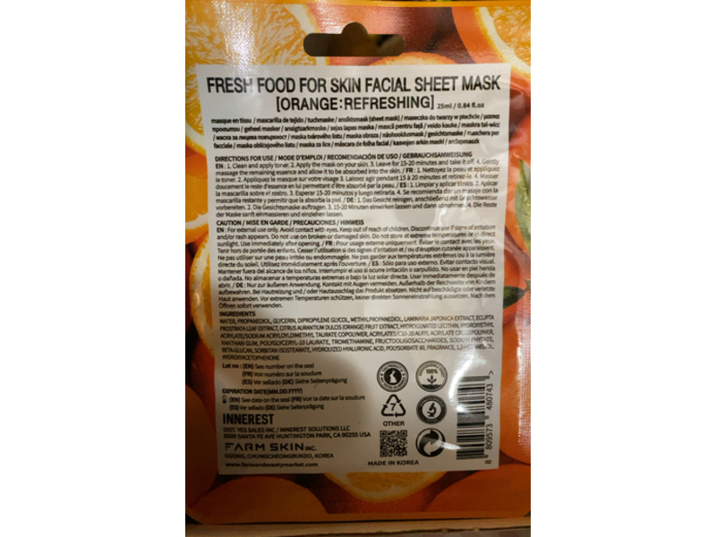 Farm Skin Fresh Food Facial Sheet Mask, Orange, 0.84 fl oz/25 mL, 10 Count