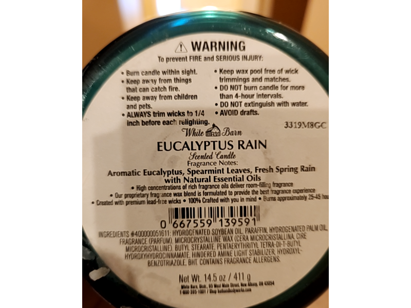 White Barn Scented Candle, Eucalyptus Rain, 14.5 oz/411 g