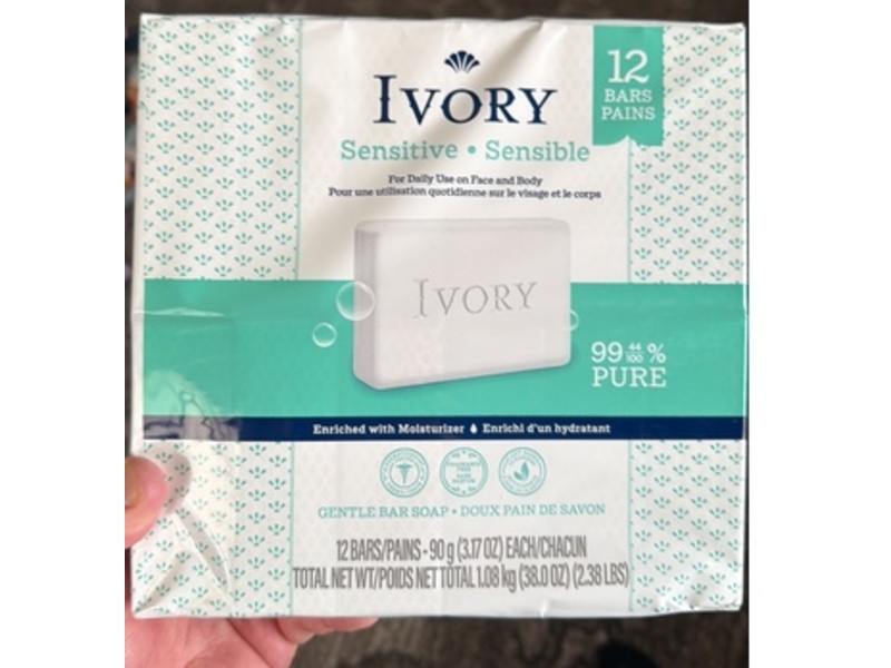 Ivory Sensitive Gentle Bar Soap, 3.17 oz/90 g, 12 Count