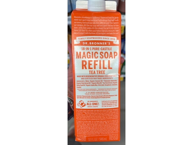Dr. Bronner's 18-In-1Pure-Castile Magic Soap Refill, Tea Tree, 32 fl oz/946 mL