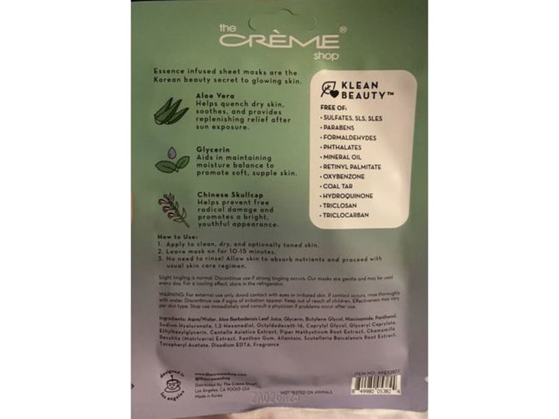 The Creme Shop Aloe Vera Essence Sheet Mask, 0.84 fl oz/25 mL