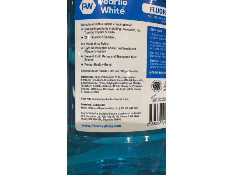 Pearlie White Fluorinze Antibacterial Fluoride Mouth Rinse, Fresh Mint, 750 mL