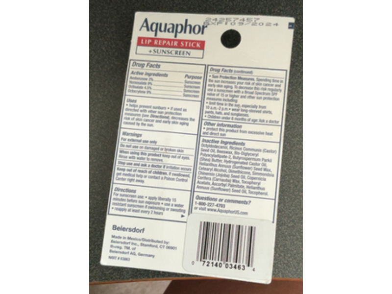 Aquaphor Lip Repair Stick + Sunscreen, SPF 30, 0.17 oz/ 4.8 g, Pack Of 2