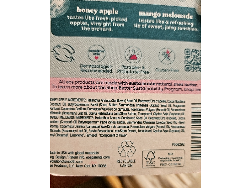 Eos Natural Shea Smooyh Lip Balm, Honey Apple & Mango Melonade,0.14 oz/4 g, Pack Of 2