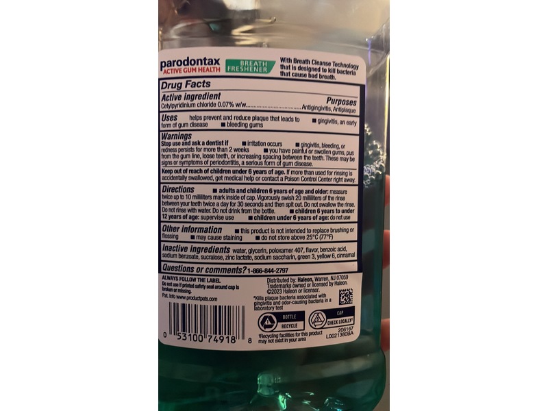 Parodontax Active Gum Health Daily Mouthwash, Breath Freshener, 16.9 fl oz/500 mL