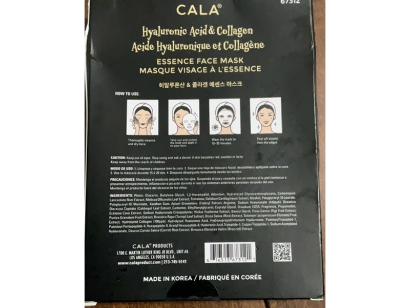 Cala Hydrating & Revitalizing Essence Face Masks, Hyaluronic Acid & Collagen, 0.8 fl oz/23 g, 5 Count