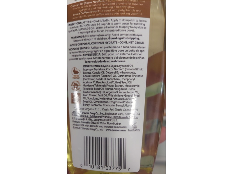 Palmer's Hydrate Body Oil, Coconut, 9.75 fl oz/288 mL