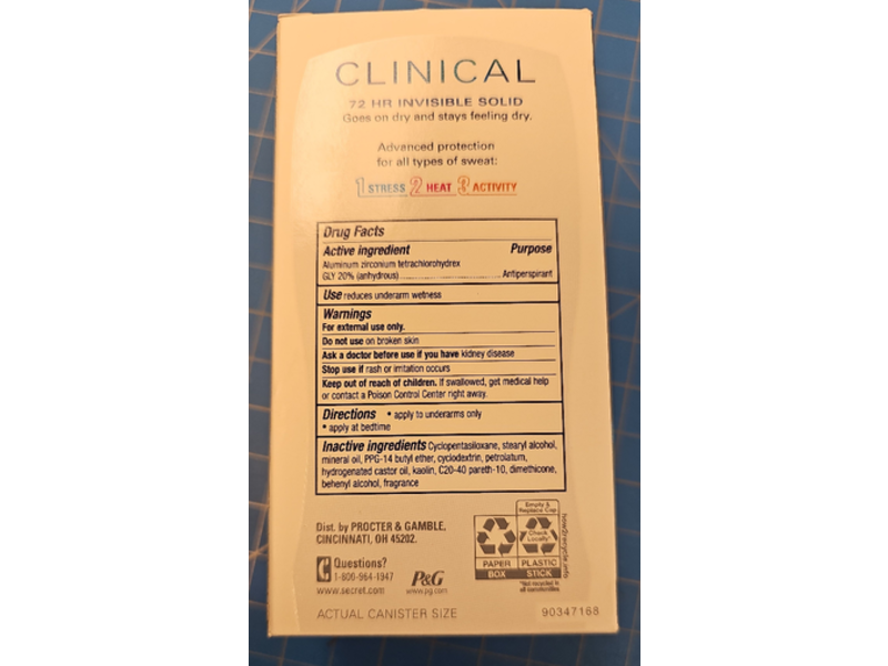 Secret Clinical Invisible Solid Antiperspirant/Deodorant, Free & Sensitive, 1.6 oz/45 g