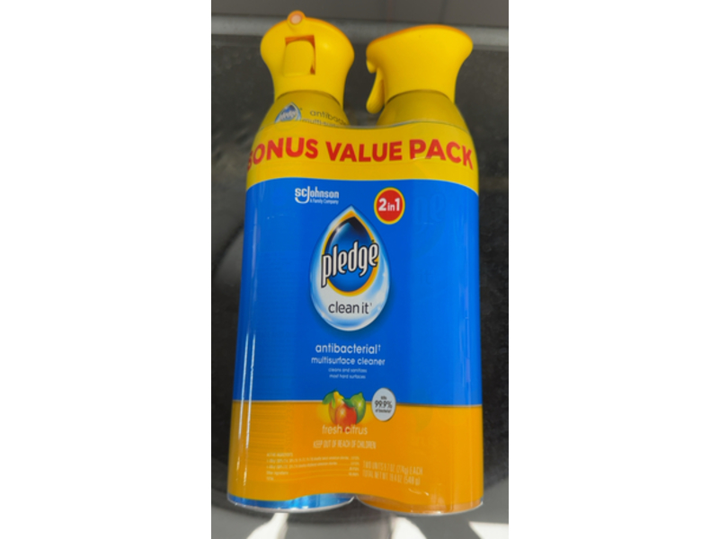 Pledge Clean It Antibacterial Mutlisurface Cleaner, Fresh Citrus, 19.4 oz/548 g, Pack Of 2