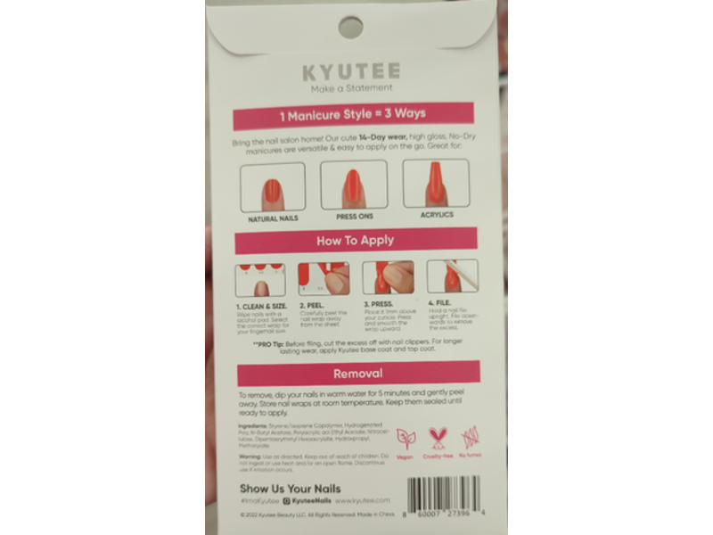 Kyutee Nails Peel. Press. File. Instant Gel Polish, Ballerina,28 Count