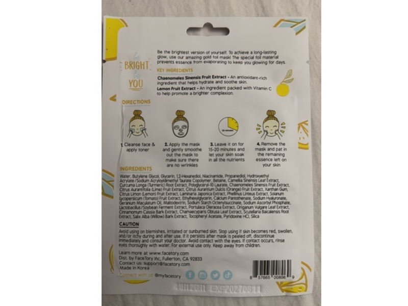 Facetory Brightening Gold Foil Mask, Be Bright Be You, 0.88 fl oz/26 g, Pack of 5