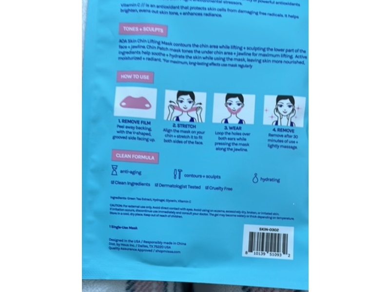 AOA Skin Chin Lifting Mask, Green Tea + Vitamin C, 1.35 fl oz/40 mL, 1 Count