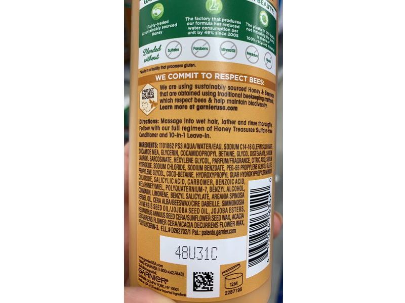 Garnier Whole Blends Replenishing Shampoo, Honey Treasures, Sulfate Free, 12 fl oz/355 mL