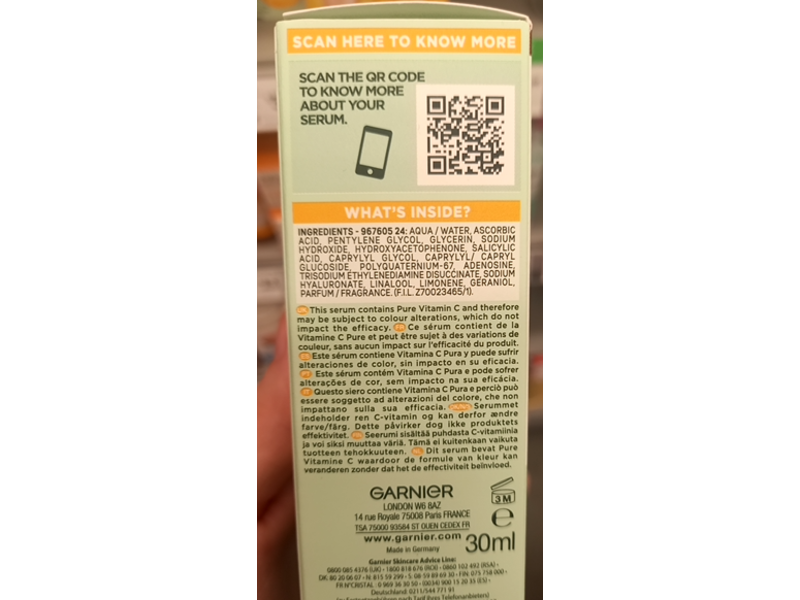 Garnier Skin Active Brightening Night Serum, Pure Vitamin C, 1 fl oz/30 mL