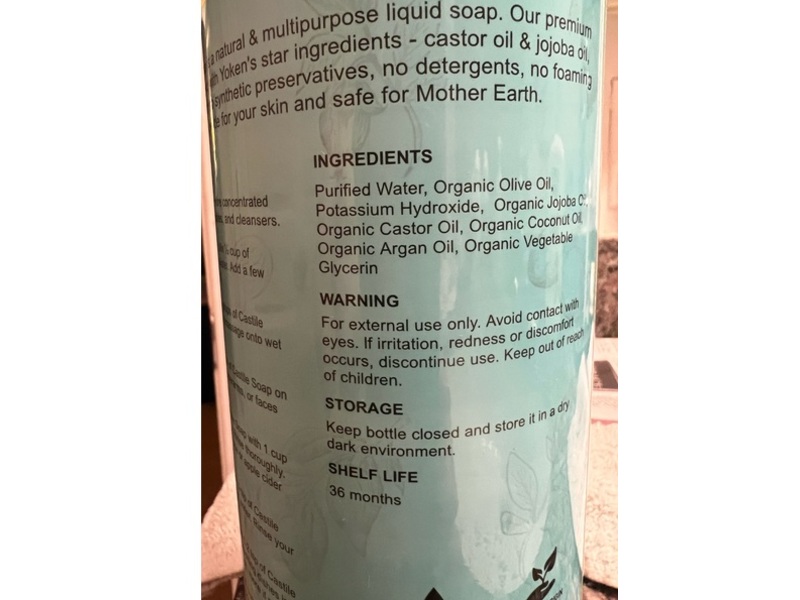 Yoken Pure Castile Soap, Unscented Mild, 33.8 fl oz/1000 mL