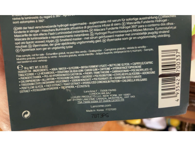 Lancome Paris Light Pearl Hydrogel Melting Eye Mask, 0.35 oz/10 g