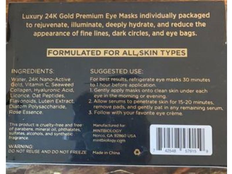 Mintbiology Collagen Eye Treatment Masks, Seaweed, 24k Gold, 10 g, 15 Count