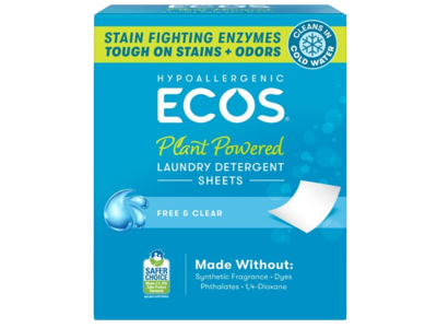 Ecos Laundry Detergent Sheets, 64 Loads, Free & Clear, 7.90 oz/224 g, 64 Count