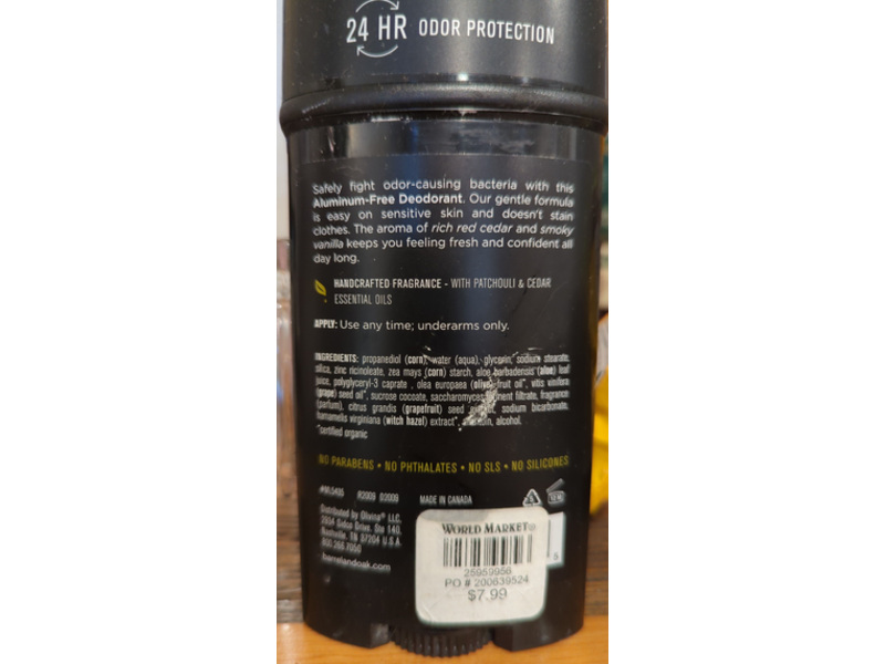 Olivina Barrel And Oak Aluminum-Free Deodorant, Bourbon Cedar, 2.7 oz/76 g