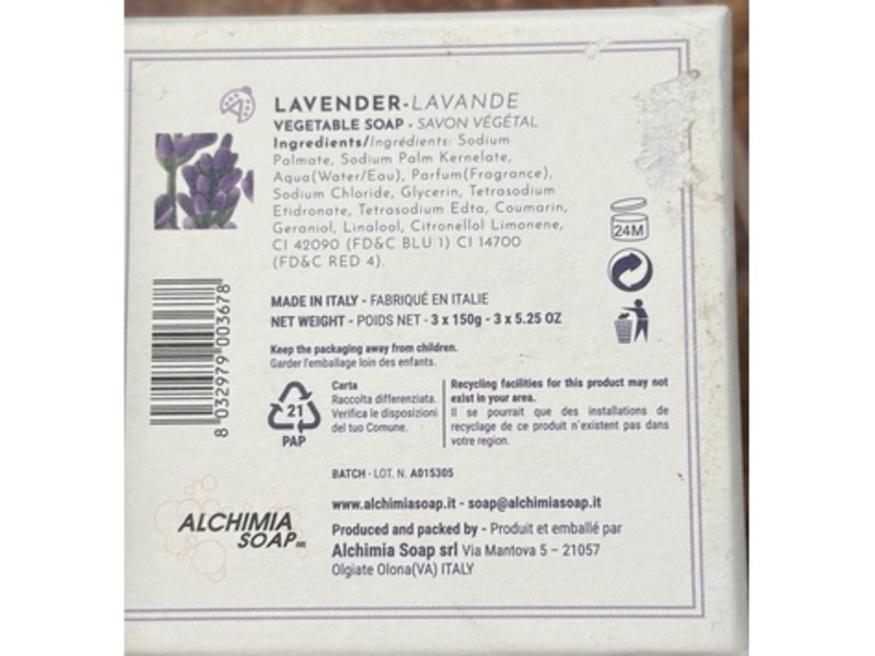 Alchimia Pine Vegetable Soap, Lavender, 5.25 oz/150 g, 3 Count