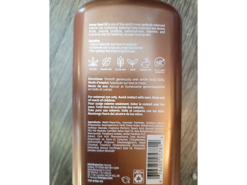 Hempz Vanilla Lux Herbal Body Moisturizer, Niacinamide, 17 fl oz/500 mL