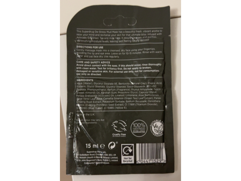 Superdrug De-Stress Mud Face Mask, Aloe Vera & Avocado Oil, 15 mL