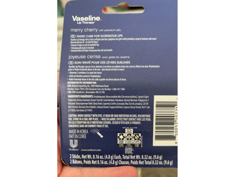 Vaseline Lip Therapy, Merry Cherry, 0.32 fl oz/9.6 g, Count 2, Pack Of 2
