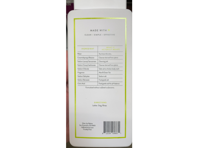 Native Body Wash, Aloe & Green Tea, 18 fl oz/532 mL