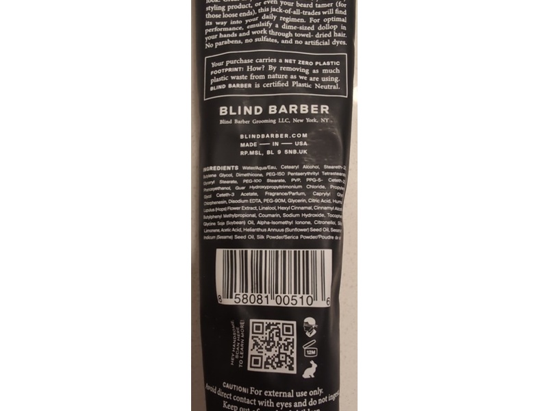 Blind Barber 30 Proof Styling Cream, Tonka Bean, 3.2 fl oz/100 mL
