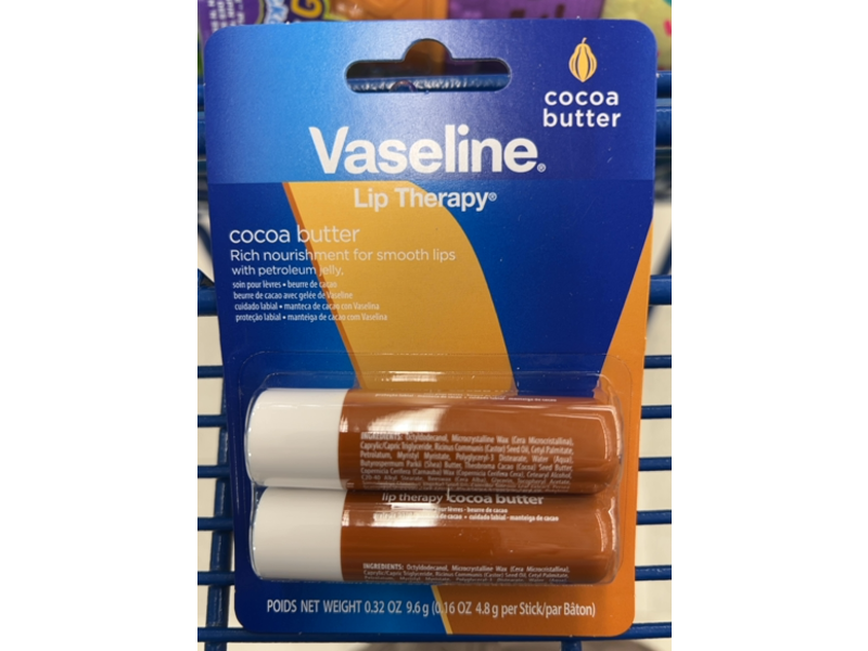 Vaseline Lip Therapy, Cocoa Butter, 0.32 oz/9.6 g, 2 Pack