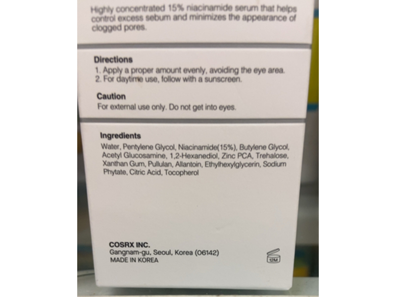 Cosrx The Niacinamide 15% Face Serum, Acetyl Glucosamine + Zinc PCA, 0.67 fl oz/20 mL