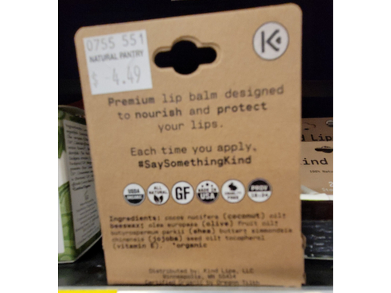 Kind Lips 100% Natural Lip Balm, Unscented, 0.15 oz/4.25 g