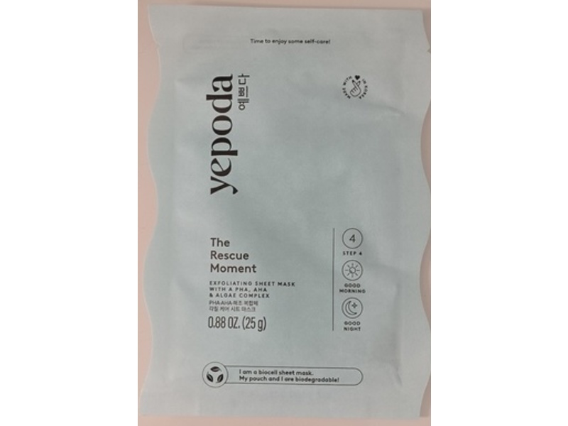 Yepoda The Rescue Moment Exfoliating Sheet Mask, PHA & AHA, 0.88 oz/25 g
