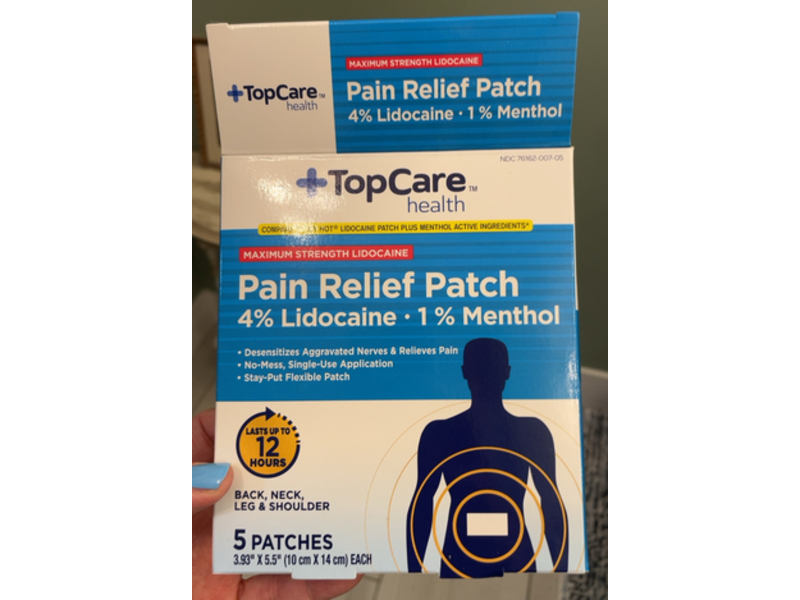 Top Care Health Maximum Strength Lidocaine Pain Relief Patch, 4% Lidocaine, 1% Menthol, 5 Count