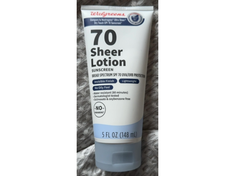 Walgreens Sheer Lotion Sunscreen, SPF 70, 5 fl oz/148 mL