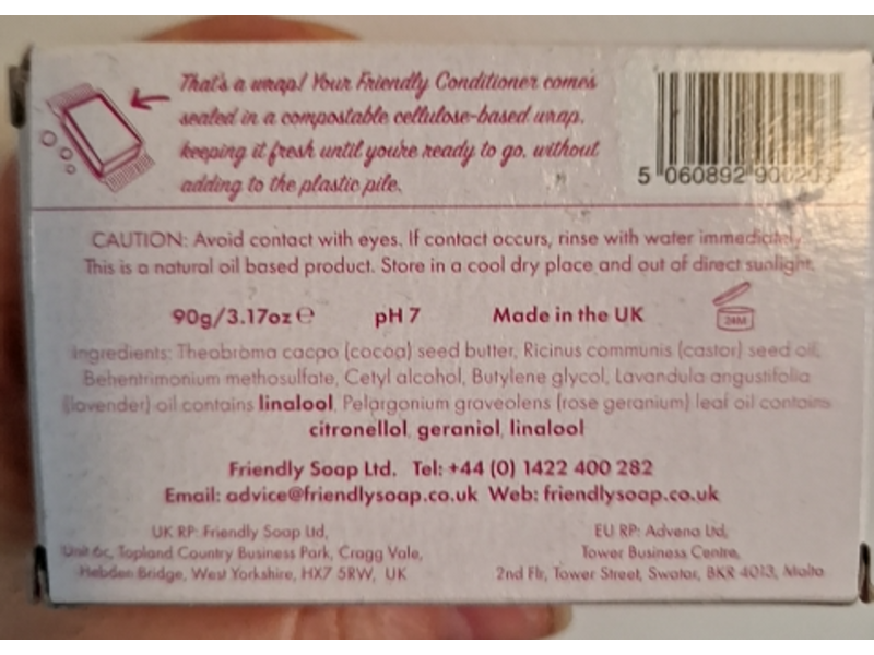 Friendly Soap Conditioner Bar, Lavender & Geranium, 3.17 oz/90 g