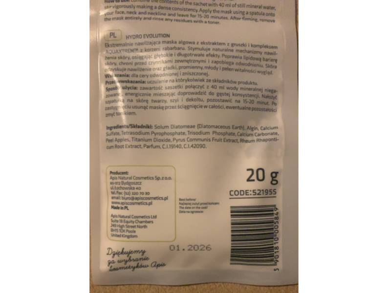 Apis Professional Hydro Evolution Extremely Moisturising Algae Mask, Pear, Rhubarb & Aquaxtrem(tm) Complex, 20 g